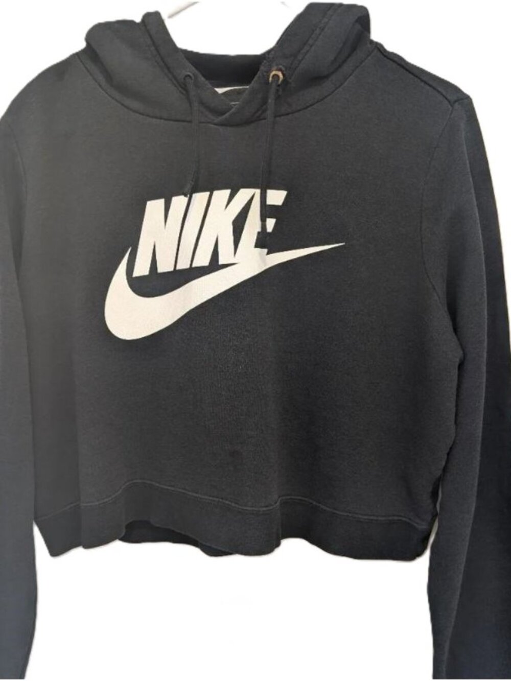 Nike Women's Black Cropped Hoodie with White Logo. Size XL